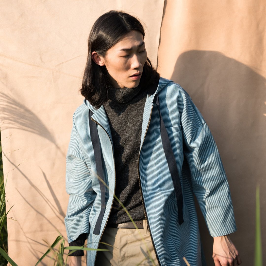丹宁系列│斗篷罩衫│耳机孔设计│条纹│ Denim Cloak - 中性连帽卫衣/T 恤 - 棉 蓝色