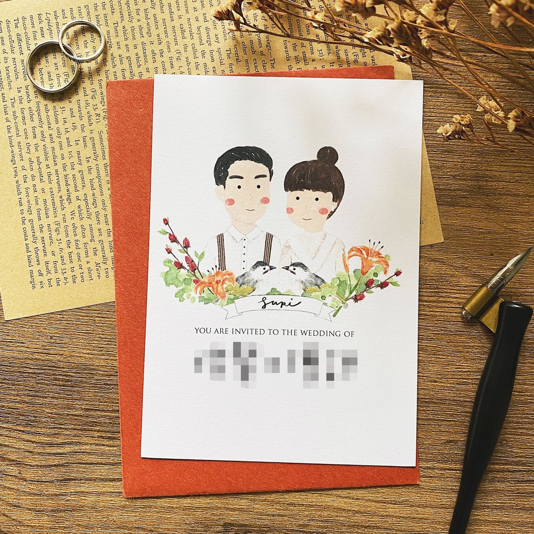【定制】水彩手绘风格插画 似颜绘喜帖(50入) 附送信封 - 喜帖 - 纸 