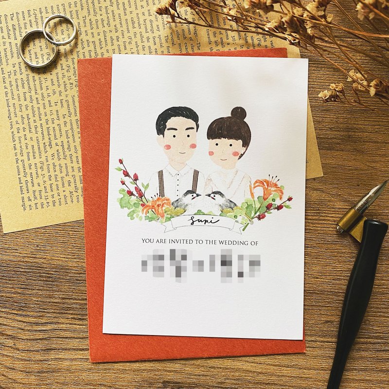 【定制】水彩手绘风格插画 似颜绘喜帖(50入) 附送信封 - 喜帖 - 纸 