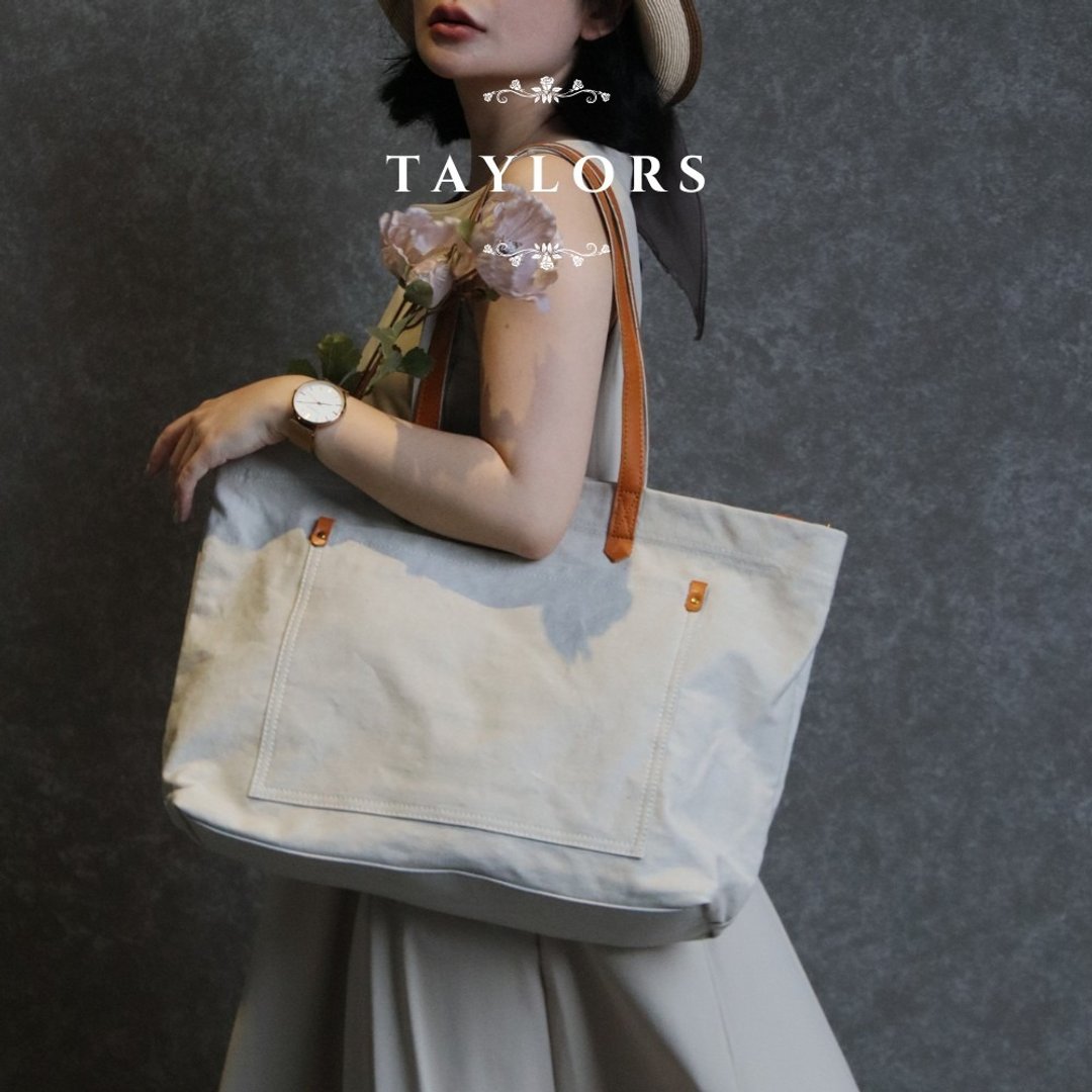 【TAYLORS】Youna 植鞣革帆布托特包 植鞣真皮&厚磅帆布 - 手提包/手提袋 - 棉．麻 卡其色