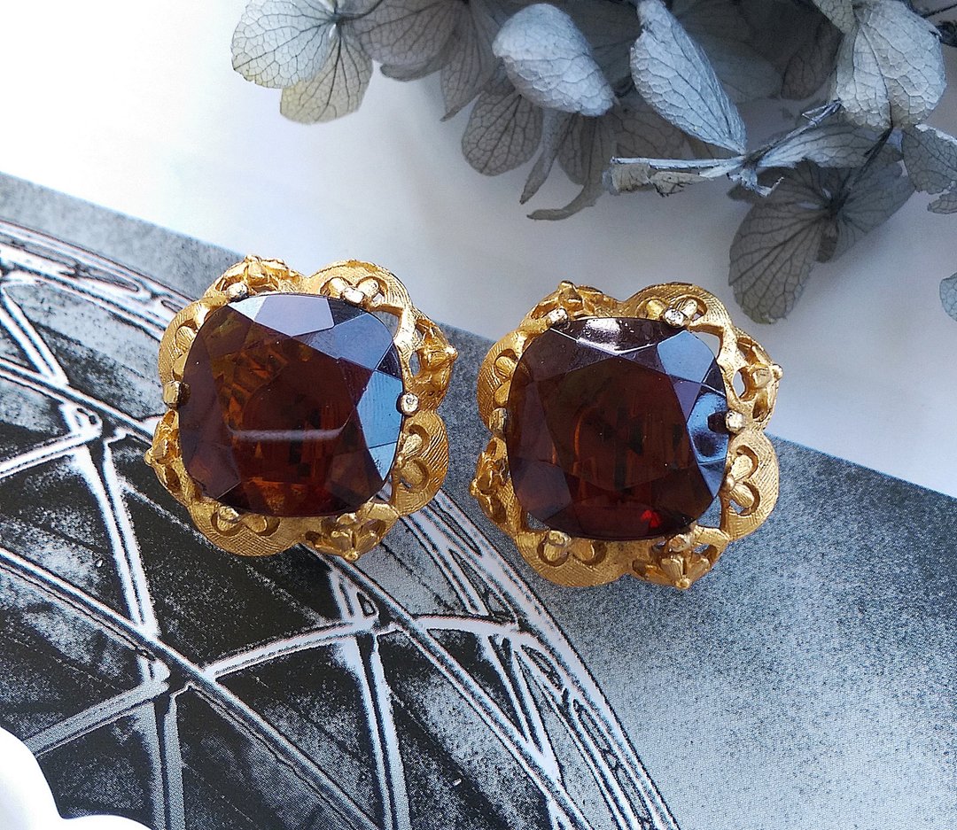 Vintage Jewelry 西洋古董饰品 FLORENZA  琥珀色调 夹式耳环 - 耳环/耳夹 - 其他金属 金色