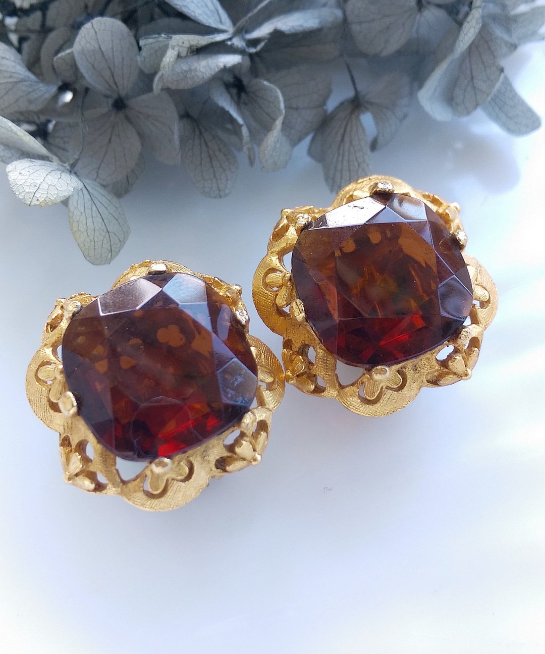 Vintage Jewelry 西洋古董饰品 FLORENZA  琥珀色调 夹式耳环 - 耳环/耳夹 - 其他金属 金色