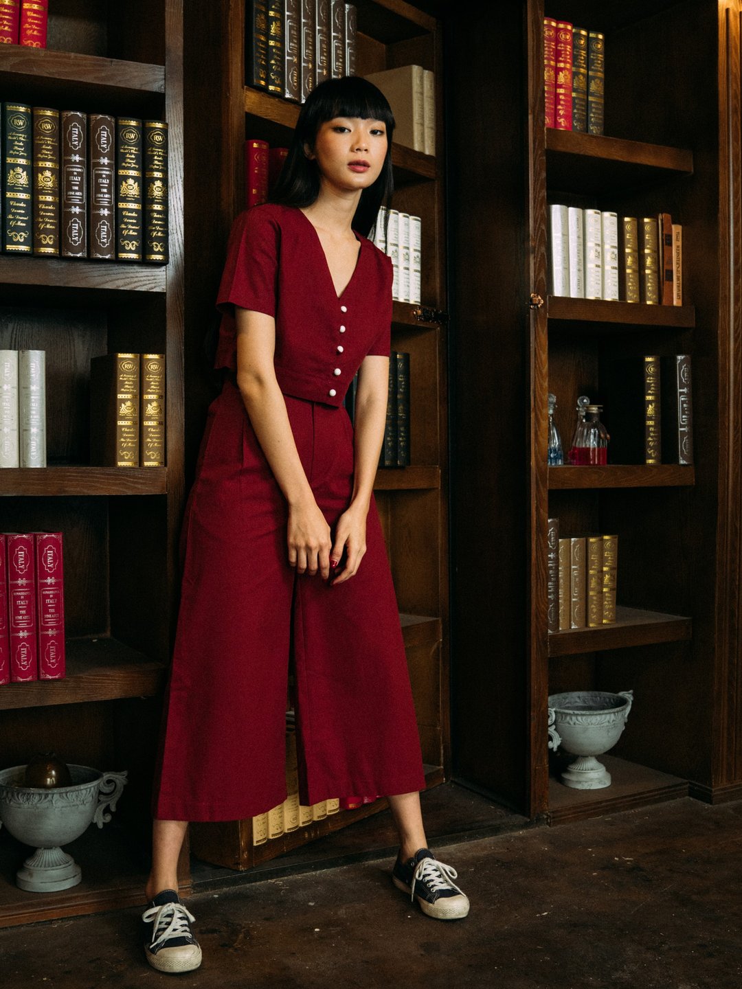 (SIZE S) RED COTTON LINEN BUTTON FRONT CROP TOP - 女装上衣 - 棉 红色
