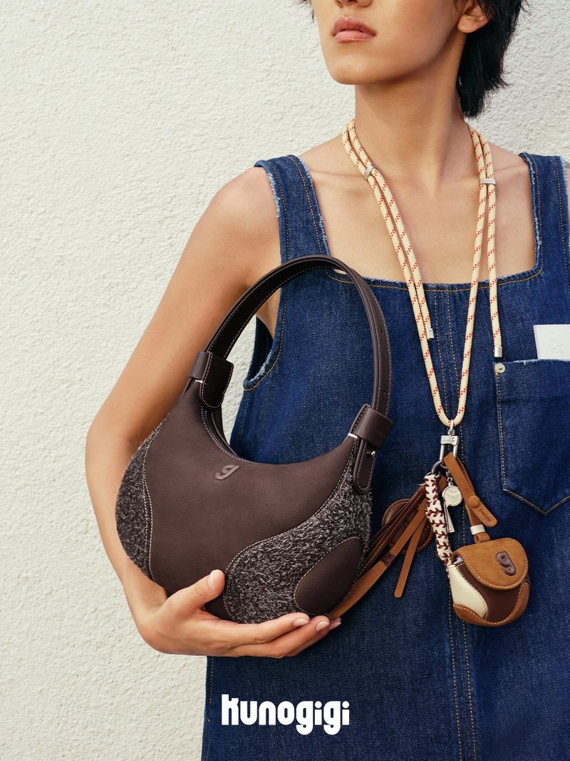 长绒棕 小号棒球波士顿包 牛皮真皮包 手提肩背腋下包 KUNOGIGI - 侧背包/斜挎包 - 真皮 咖啡色