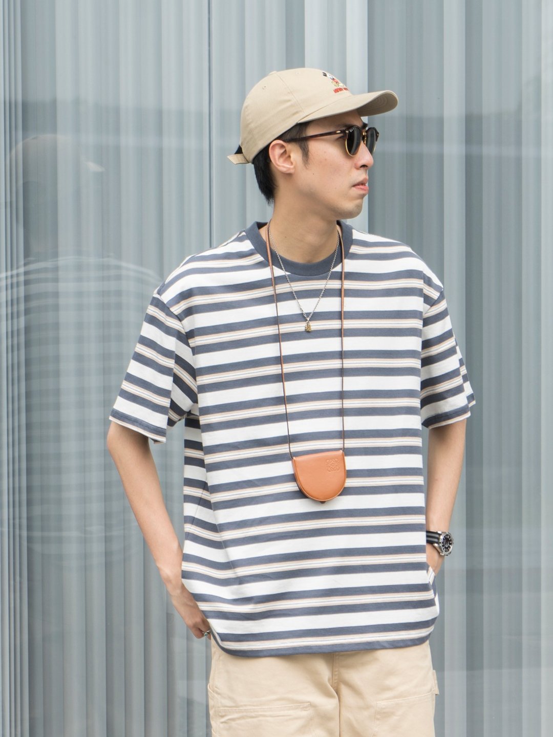 STRIPE T-SHIRT 夏季日系撞色條紋纯棉短袖 寬鬆剪裁休閒日常搭配 - 男装上衣/T 恤 - 棉 多色