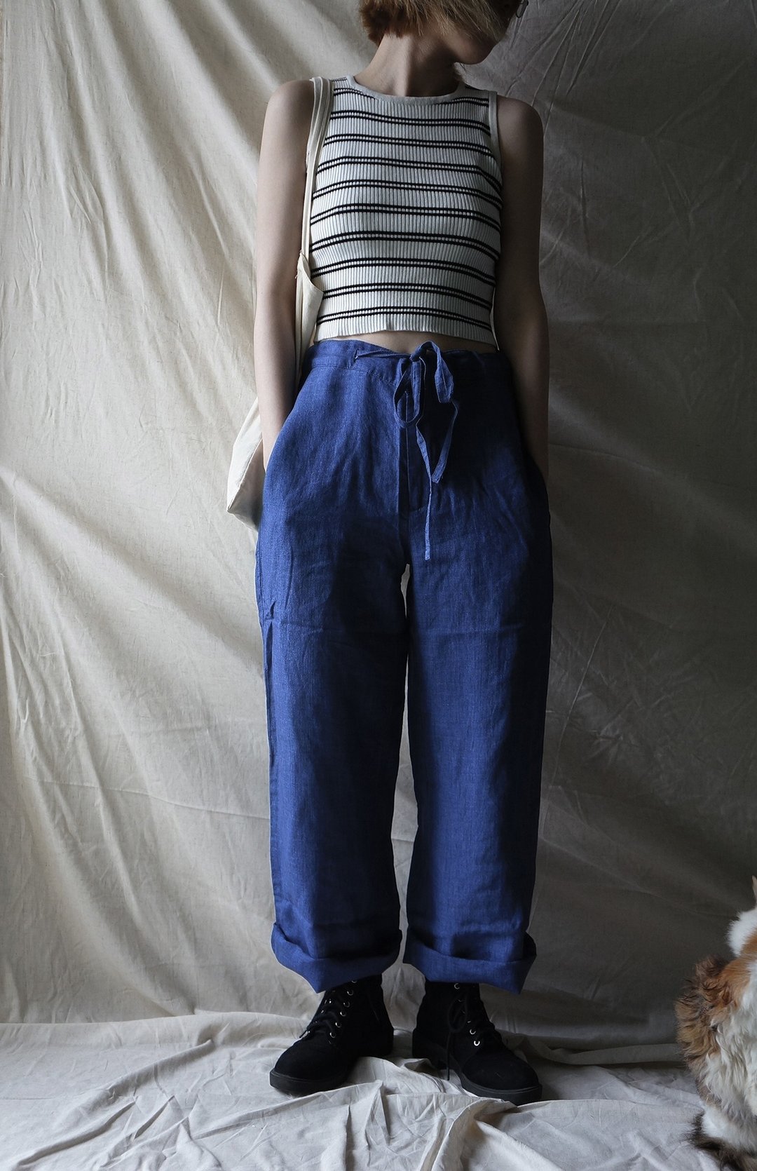 linen pant Denim 单宁色亚麻束带阔腿长裤 - 男士长裤 - 棉 蓝色