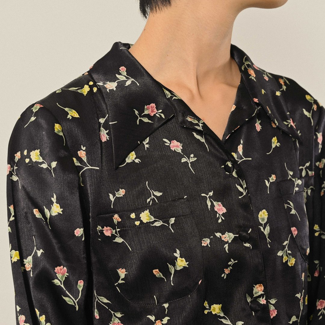 【NaSuBi Vintage】花卉印花缎面古着衬衫 - 女装衬衫 - 其他人造纤维 黑色
