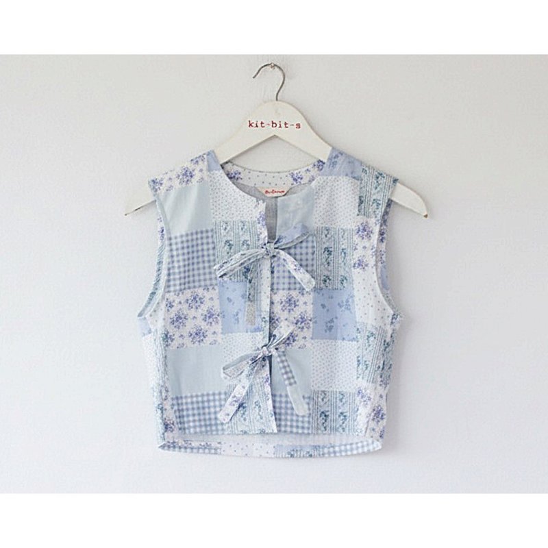 蝴蝶结领口 patchwork 背心，蓝色调 - 女装上衣 - 棉．麻 蓝色