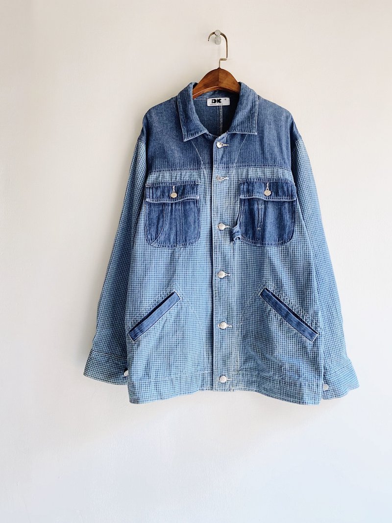 素面格纹大口袋工作版型 古着翻领棉质牛仔衬衫外套vintage coat - 女装休闲/机能外套 - 棉．麻 蓝色