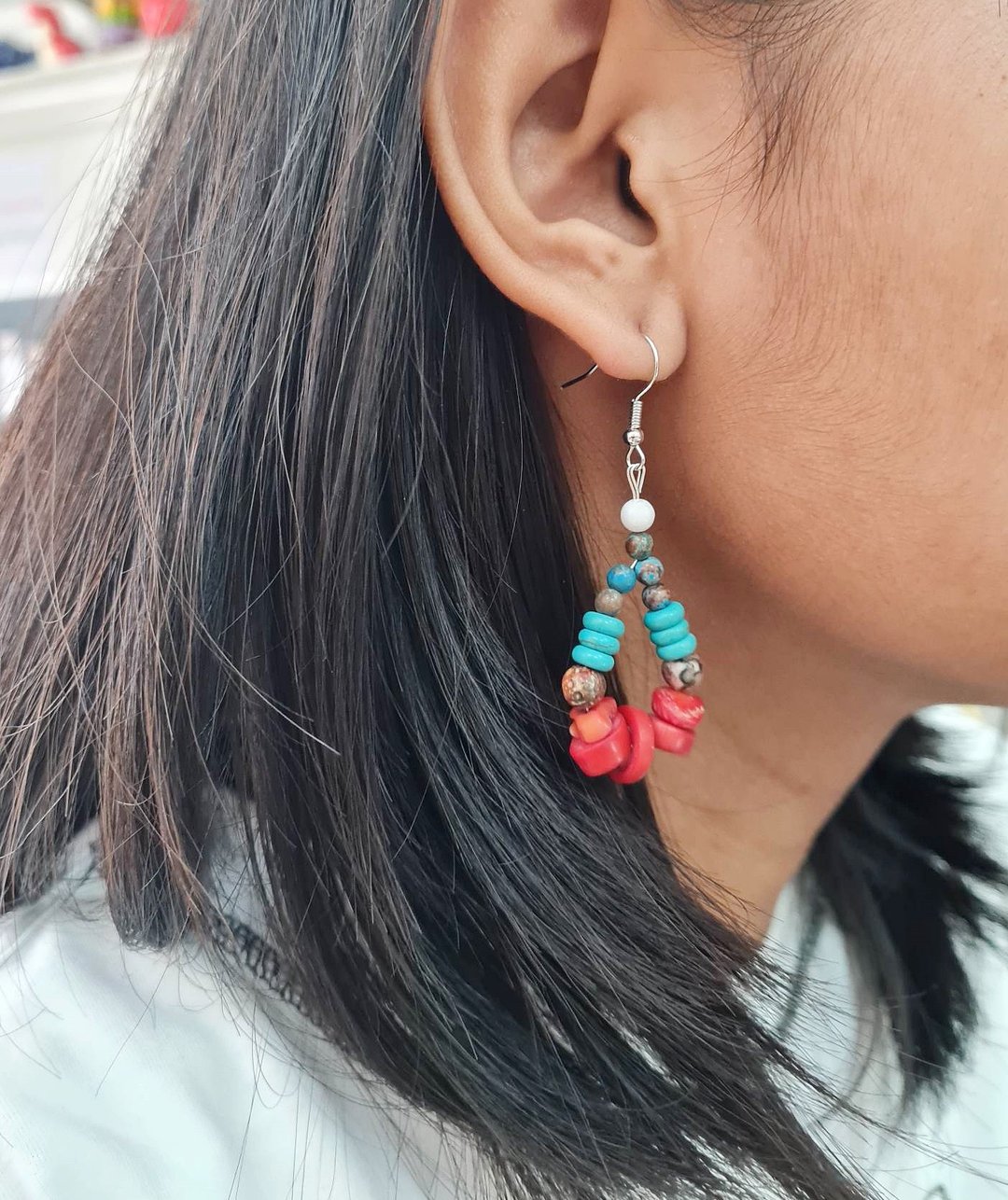 Red Coral &amp; Chrysocolla Lucky Stone Stone(Hook)Earrings - 耳环/耳夹 - 石头 多色