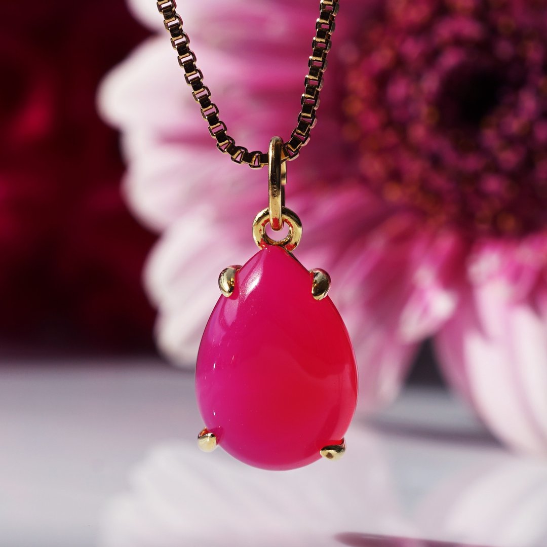 Fuchsia Pink Chalcedony 项链 医疗级不锈钢滑动式 60cm 倒挂金钟 - 项链 - 宝石 粉红色