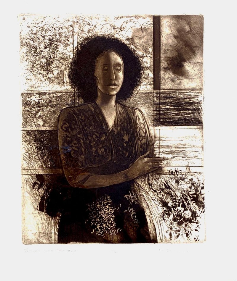 Robert B.Muirhead-手持挂毯的女人WOMAN WITH TAPESTRY-签名版画 - 海报/装饰画/版画 - 纸 白色