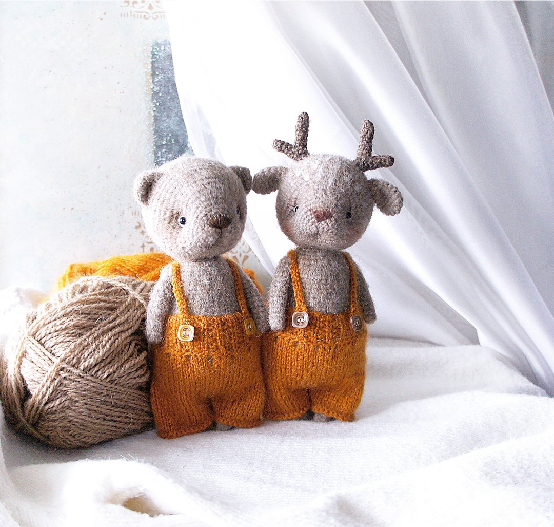 Set of Soft Deer and Bear, Woodland Stuffed Animals Dolls, Dolls with clothes - 玩偶/公仔 - 羊毛 橘色