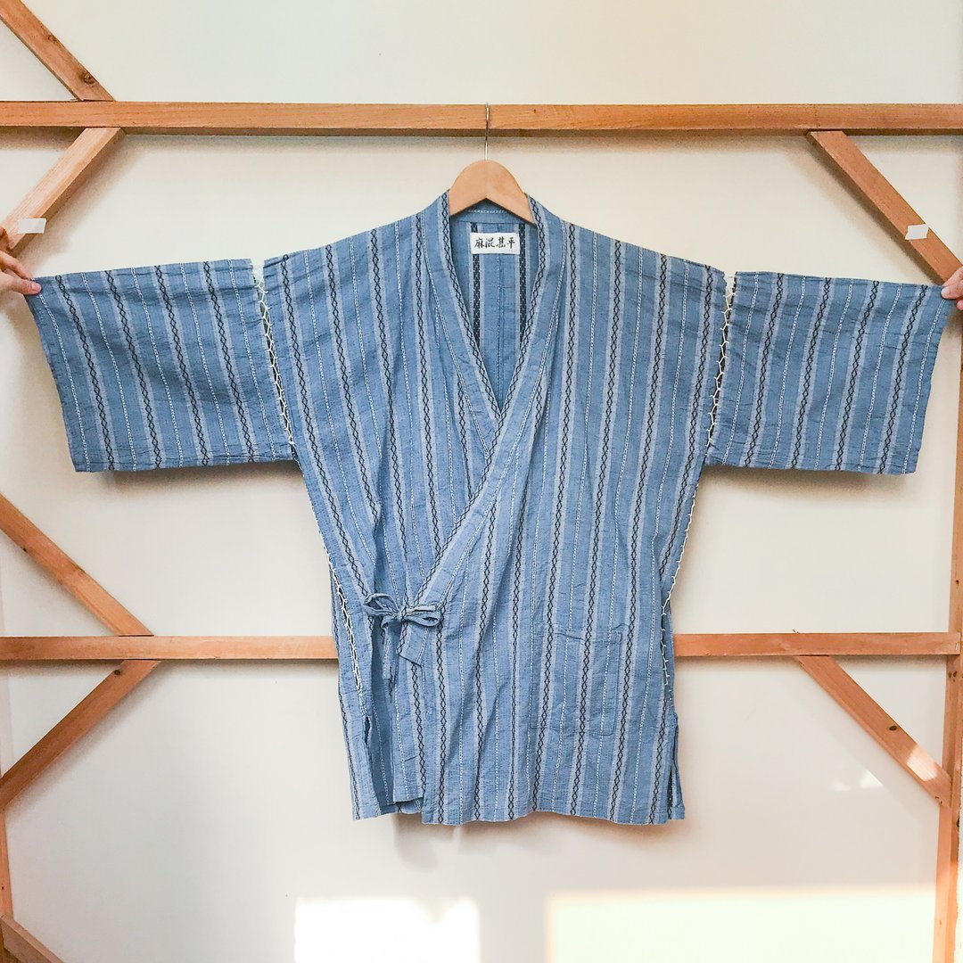 古着和服 / 灰蓝色菱格条纹甚平 - 女装休闲/机能外套 - 棉 蓝色