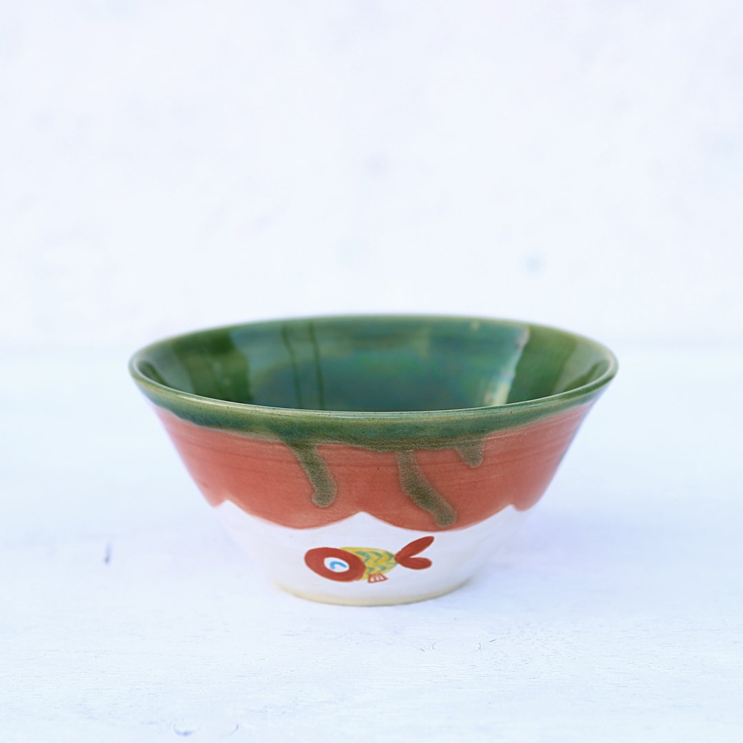 Oribe glaze and red goldfish picture bowl yellow - 碗 - 陶 绿色