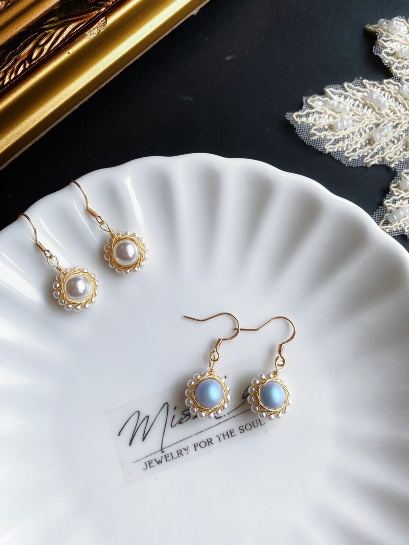 纯手工绕线 珍珠 耳环 耳勾 耳夹 礼物 925银镀金 闺蜜 - 耳环/耳夹 - 水晶 白色