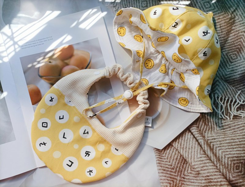津Handmade 弥月礼盒2件组/栗子遮阳帽/围兜兜/注音符号印花 - 满月礼盒 - 棉．麻 
