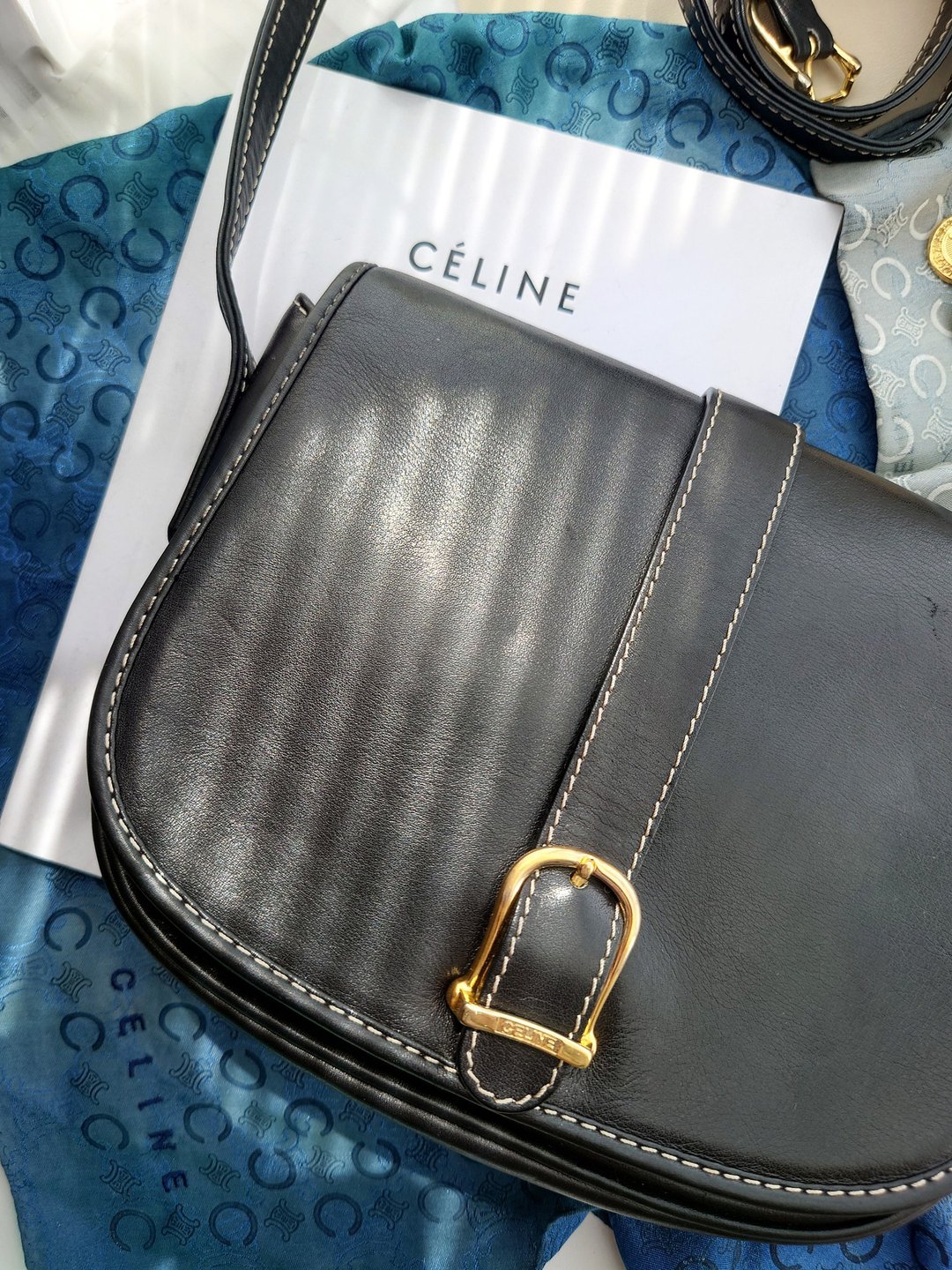 中古包 CELINE 黑底白线马鞍包半月包单肩包斜背包斜孭包斜挎包袋 - 侧背包/斜挎包 - 真皮 黑色