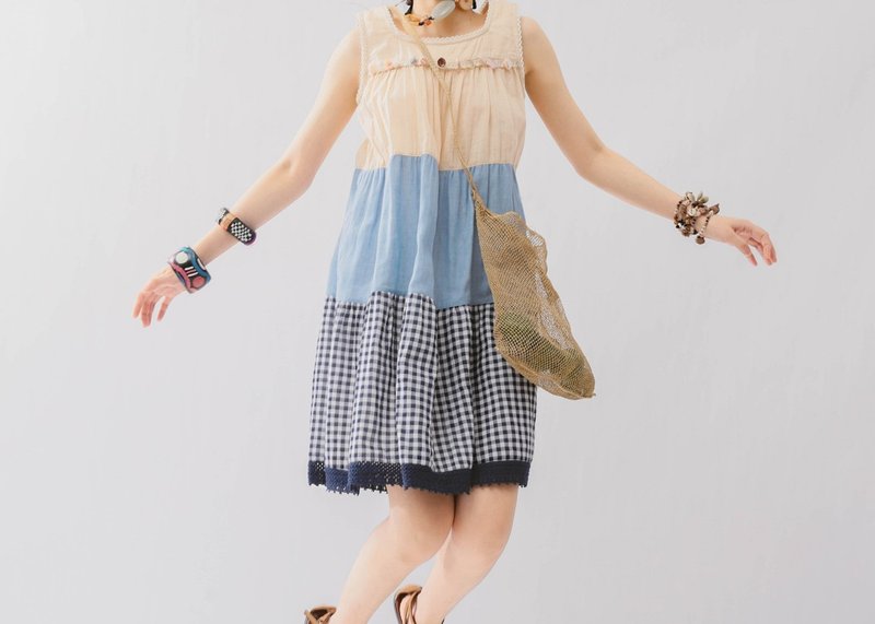 法式复古 森林绘画艺术系 贝壳装饰棉质拼接洋裝 - 洋装/连衣裙 - 棉．麻 多色