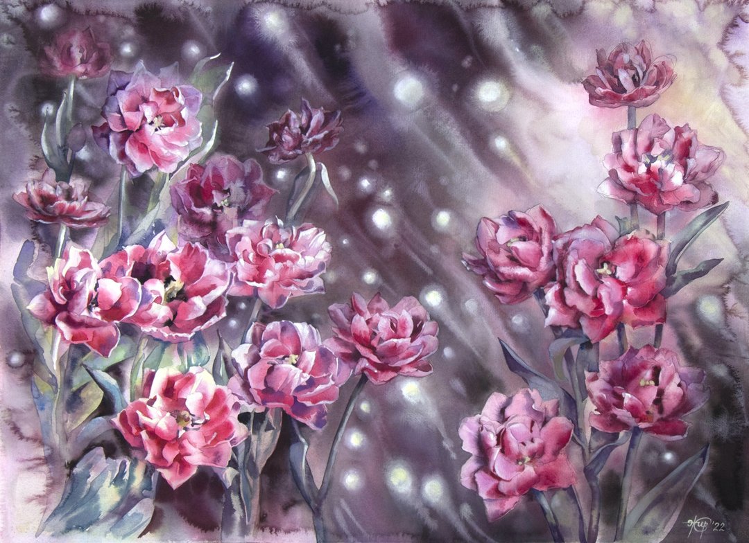Tulips original watercolor painting by artist Irina Zhunaeva - 海报/装饰画/版画 - 纸 粉红色