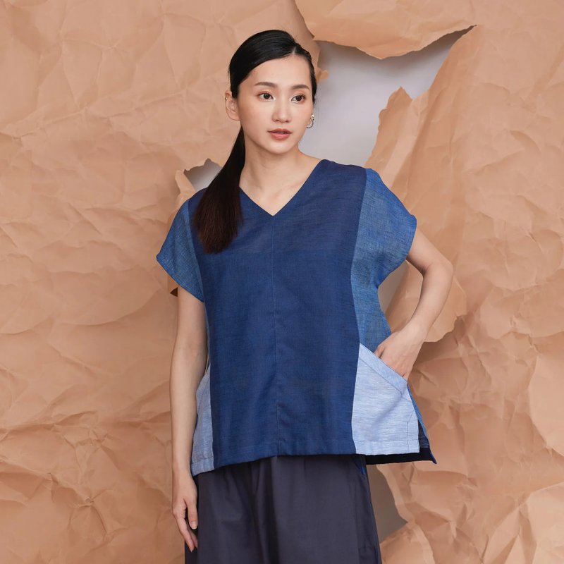 群屿回收麻拼接上衣_蓝海_公平贸易 - 女装上衣 - 棉．麻 蓝色