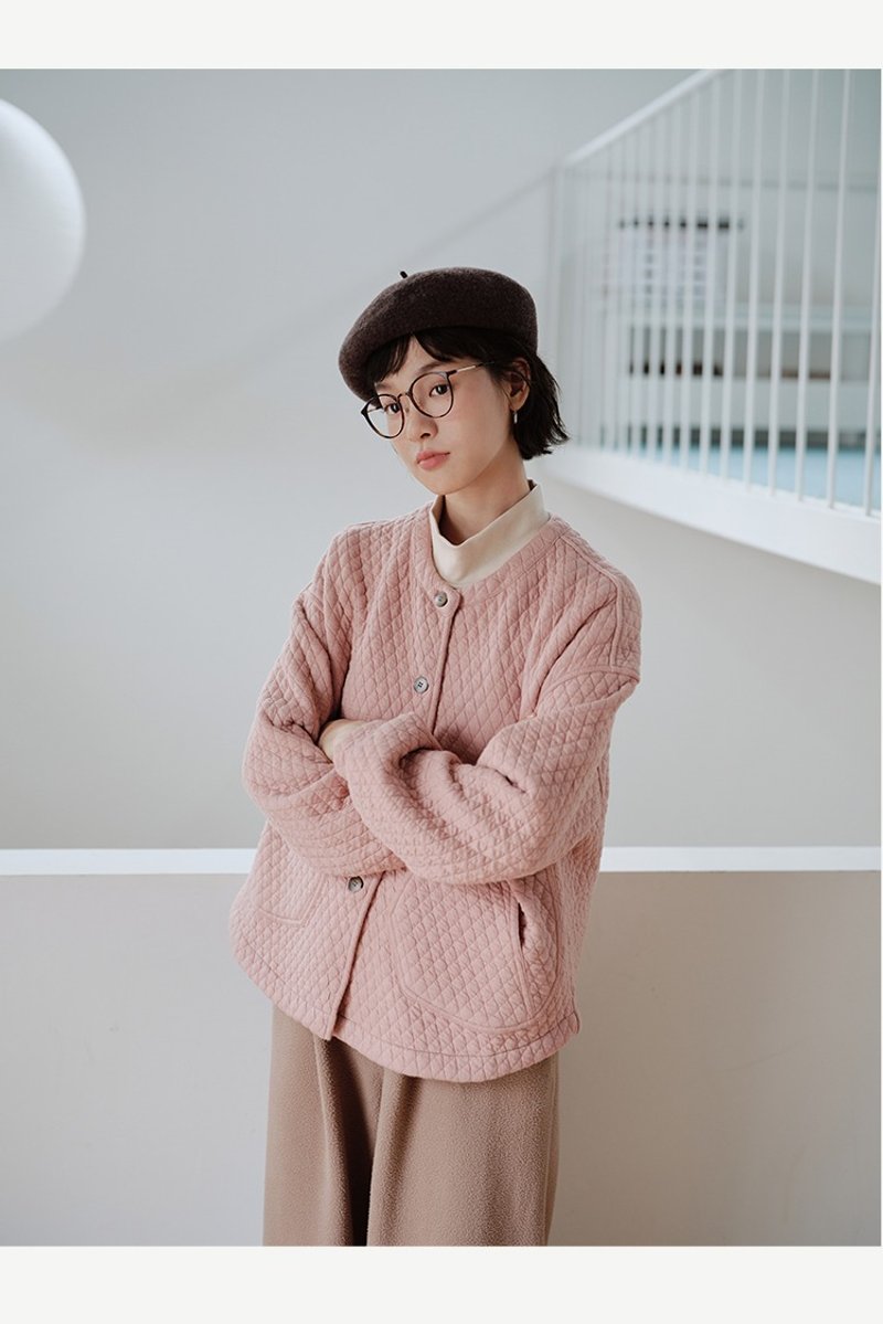 菱格圆领加绒外套开衫长袖 - 女装休闲/机能外套 - 棉．麻 多色