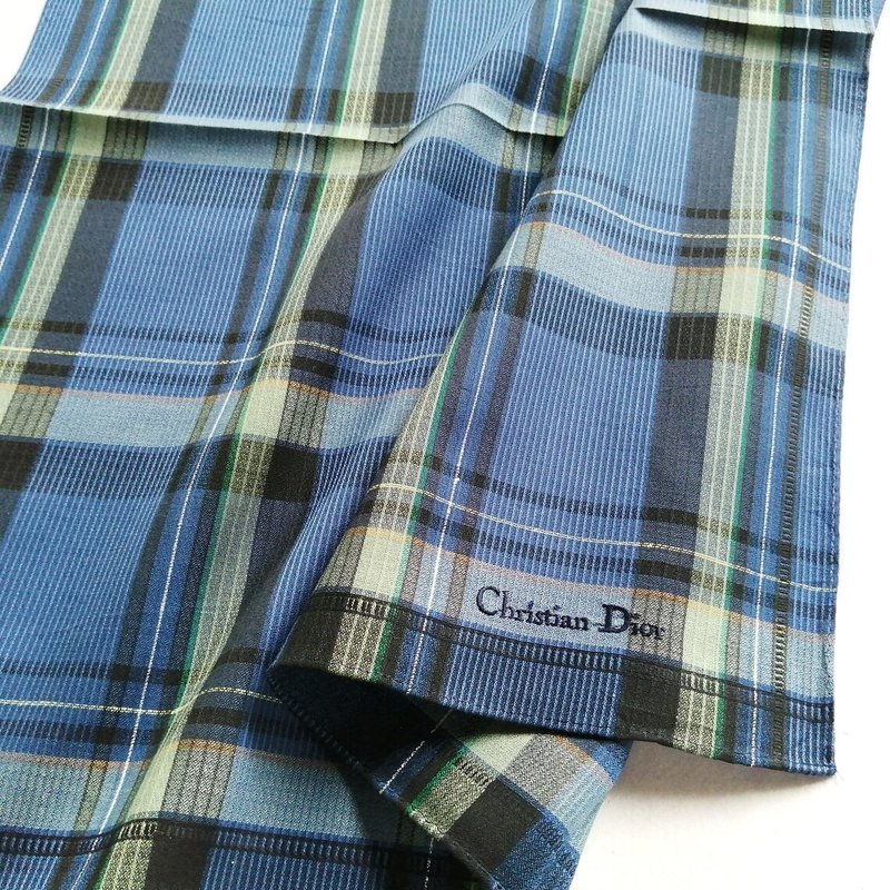 复古 Christian Dior 蓝色格纹缇花织纹手帕 Tartan 19 x 19 英寸 - 手帕/方巾 - 棉．麻 蓝色