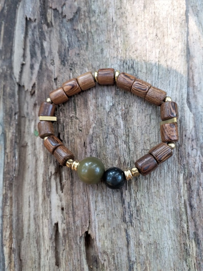 【秋冬新时尚】绿菩提│黑曜石│鸡翅木│黄铜│天然石 木制 手链 - 手链/手环 - 水晶 咖啡色