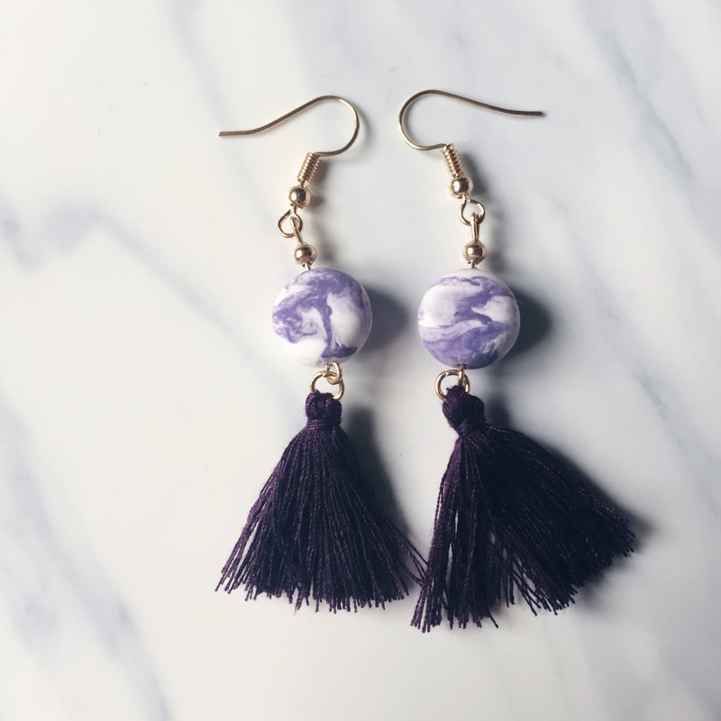 深紫色扁珠轻黏土水墨耳环 - 耳环/耳夹 - 粘土 紫色
