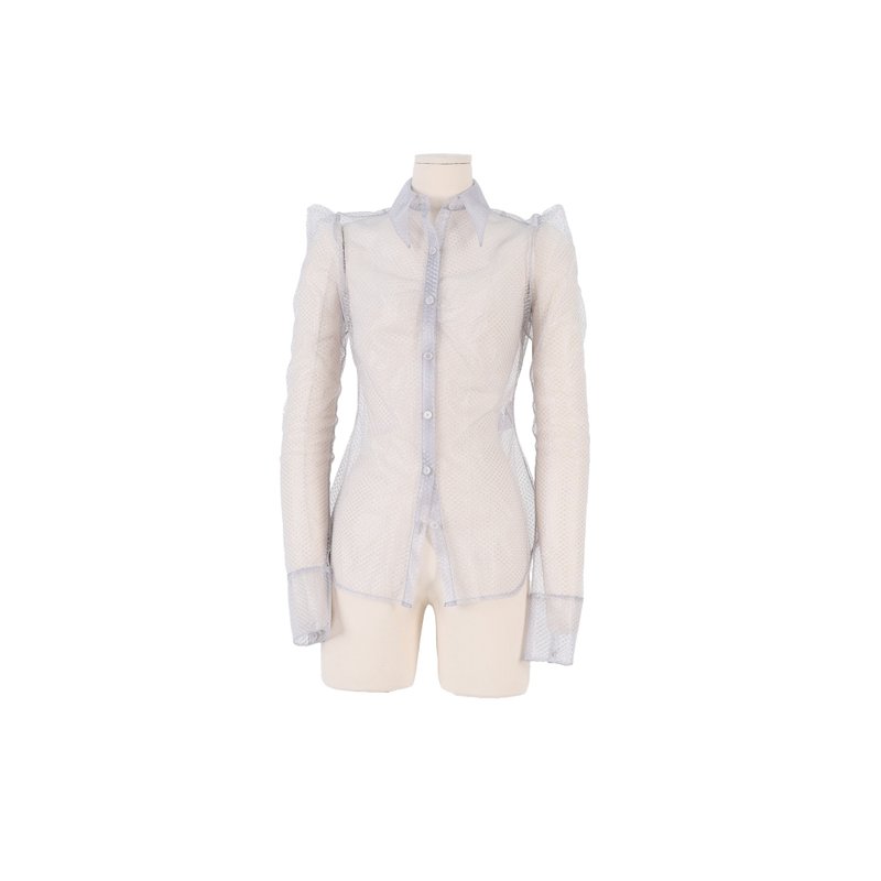 透视感泡泡袖上衣 - 女装衬衫 - 塑料 银色