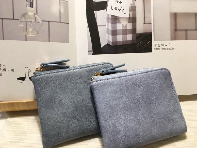 手作好礼 蓝灰色口袋小钱包  L型拉链短夹  生日 情人节 圣诞 - 皮夹/钱包 - 防水材质 