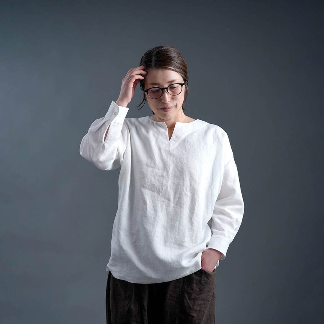 wafu Linen Crew Neck Top / White t027b-wht1 - 女装上衣 - 亚麻 白色