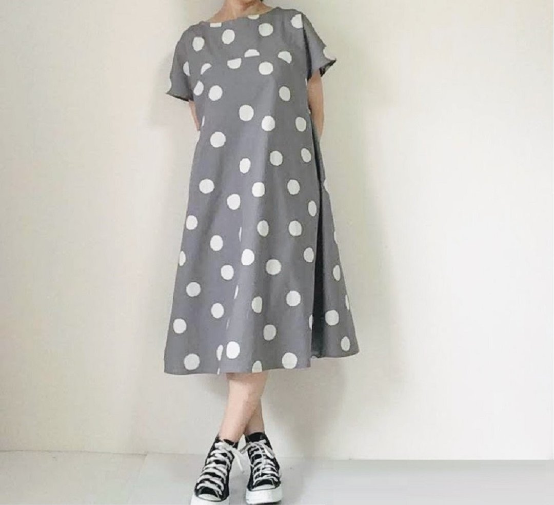 Snow polka dot flare dress dress cotton linen light gray color - 洋装/连衣裙 - 棉．麻 灰色
