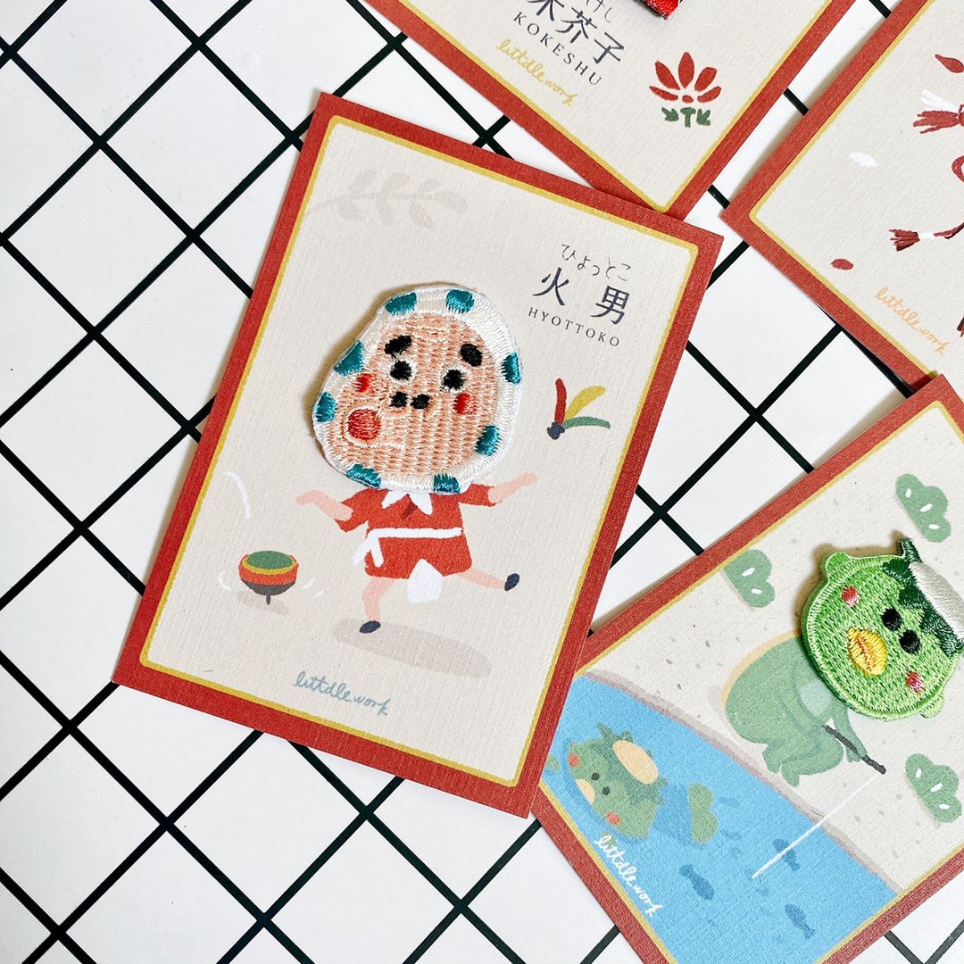 刺绣烫贴/别针 | 日本文化系列 - 火男 |  Littdlework - 徽章/别针 - 绣线 绿色