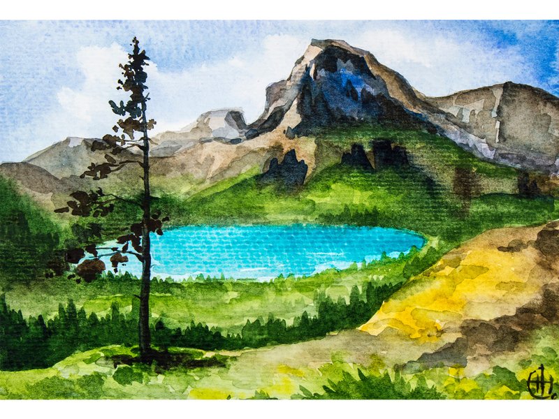 Mountain Lake Watercolor Painting Pine Tree Original Art Green Brown Landscape - 海报/装饰画/版画 - 纸 绿色