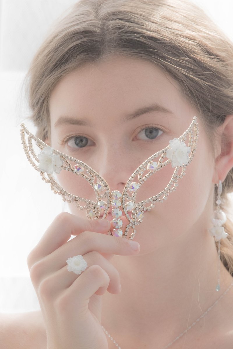 POMPOM:梦幻手造雪牡丹花锆石化装舞会面具 - 眼罩 - 其他金属 金色