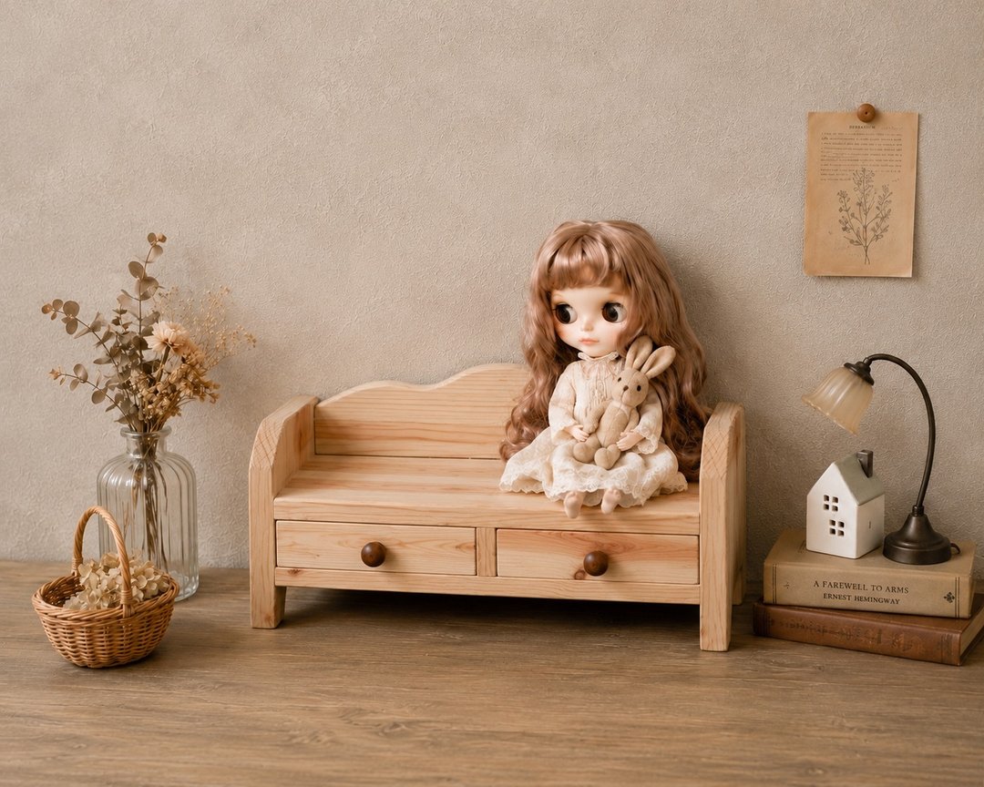 日本杉木娃娃长椅 附抽屉收纳 饰品收纳 娃娃家具 Blythe - 其他家具 - 木头 咖啡色