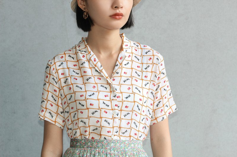 马车西装领短袖古着衬衫 - 女装衬衫 - 聚酯纤维 白色