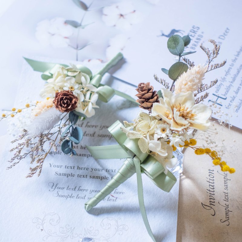 干燥花银莲款胸花-森林系(主婚人/新郎/伴郎伴娘招待) - 胸花/手腕花 - 植物．花 绿色