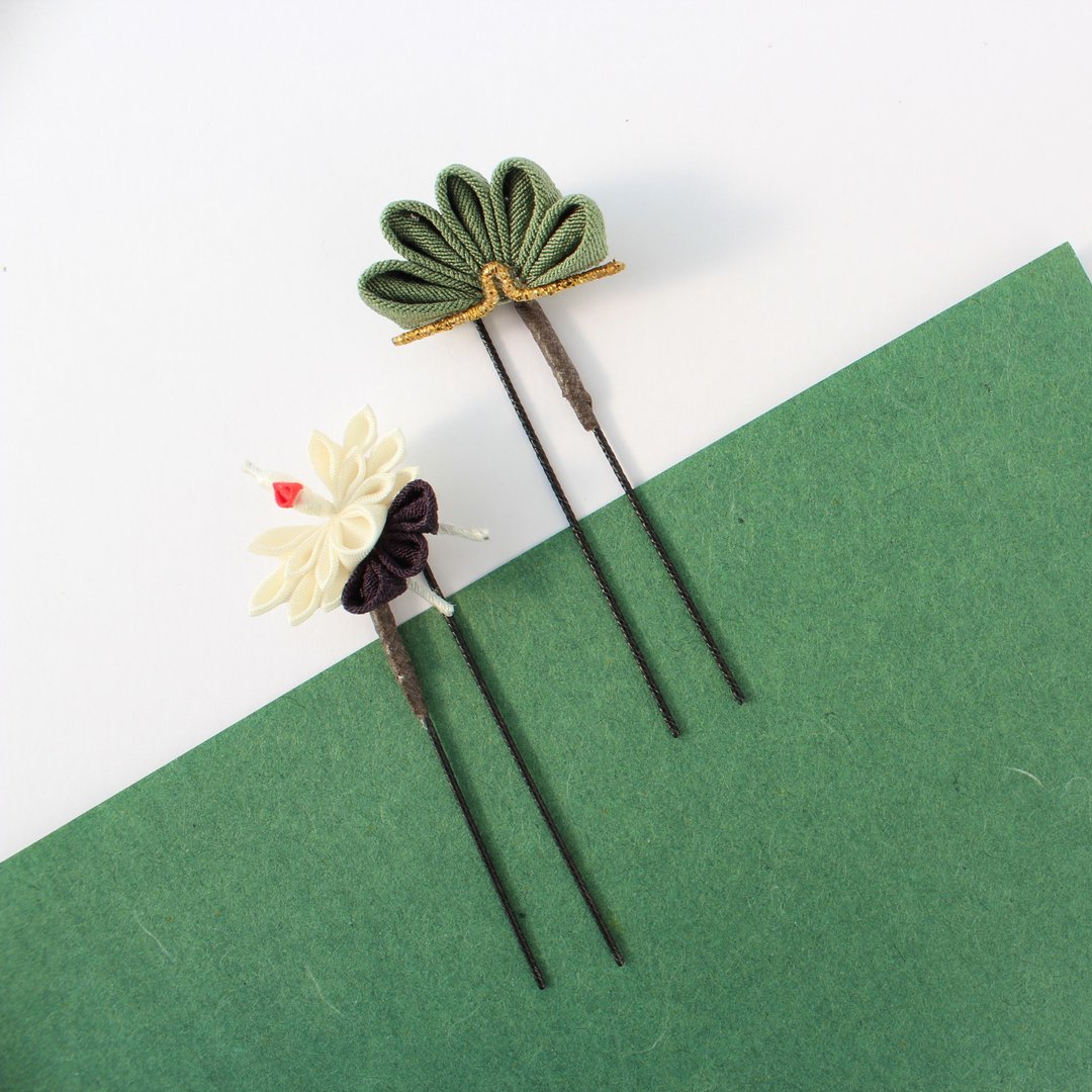 Hair ornament crane & japanese pine - 发饰 - 丝．绢 绿色