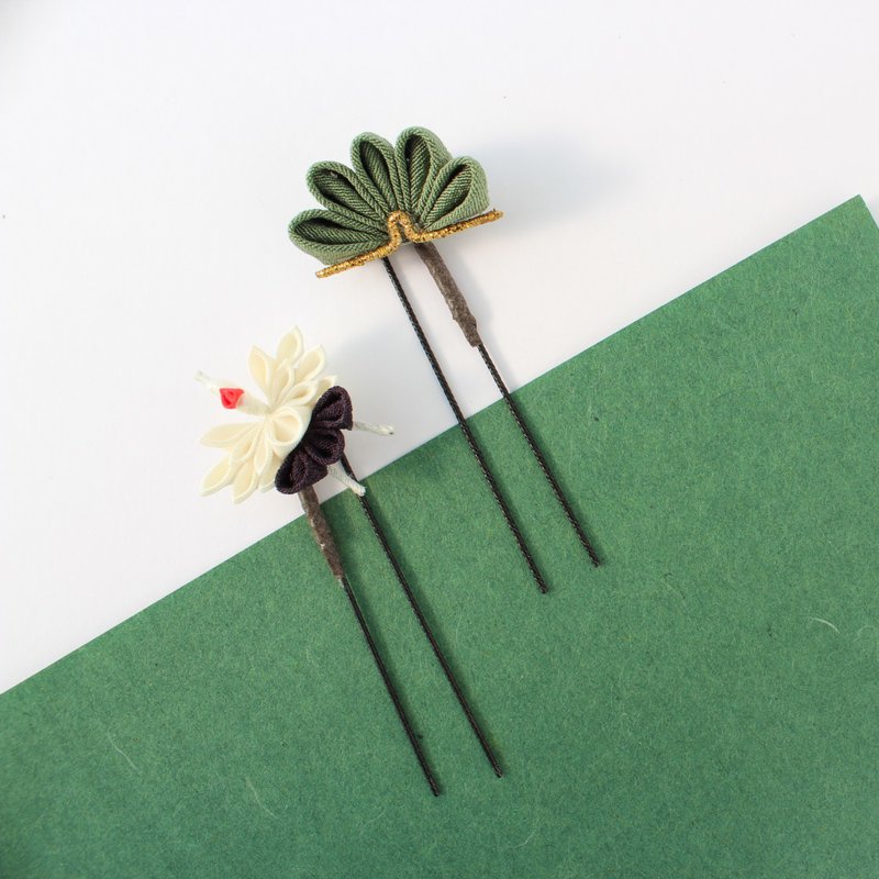 Hair ornament crane & japanese pine - 发饰 - 丝．绢 绿色