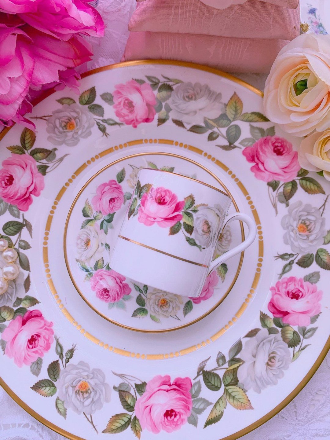 英国骨瓷Royal Worcester1960年手绘玫瑰骨瓷咖啡杯两件组库存品 - 咖啡杯/马克杯 - 瓷 粉红色