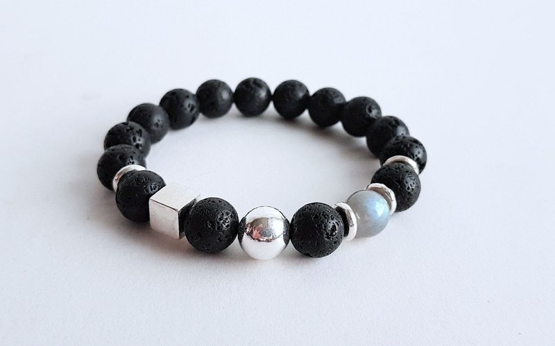 宝石系 黑火 天然矿石 火山石 拉长石 925纯银 手链 - 手链/手环 - 宝石 黑色