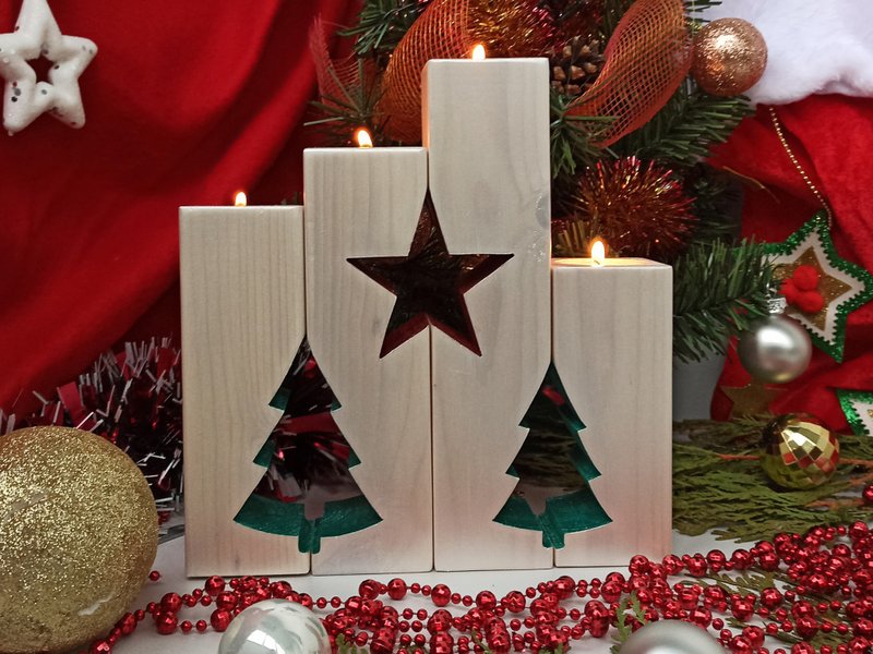 Christmas Tealight Candle Holder Set of 4 Wooden Candlesticks - 蜡烛/烛台 - 木头 银色
