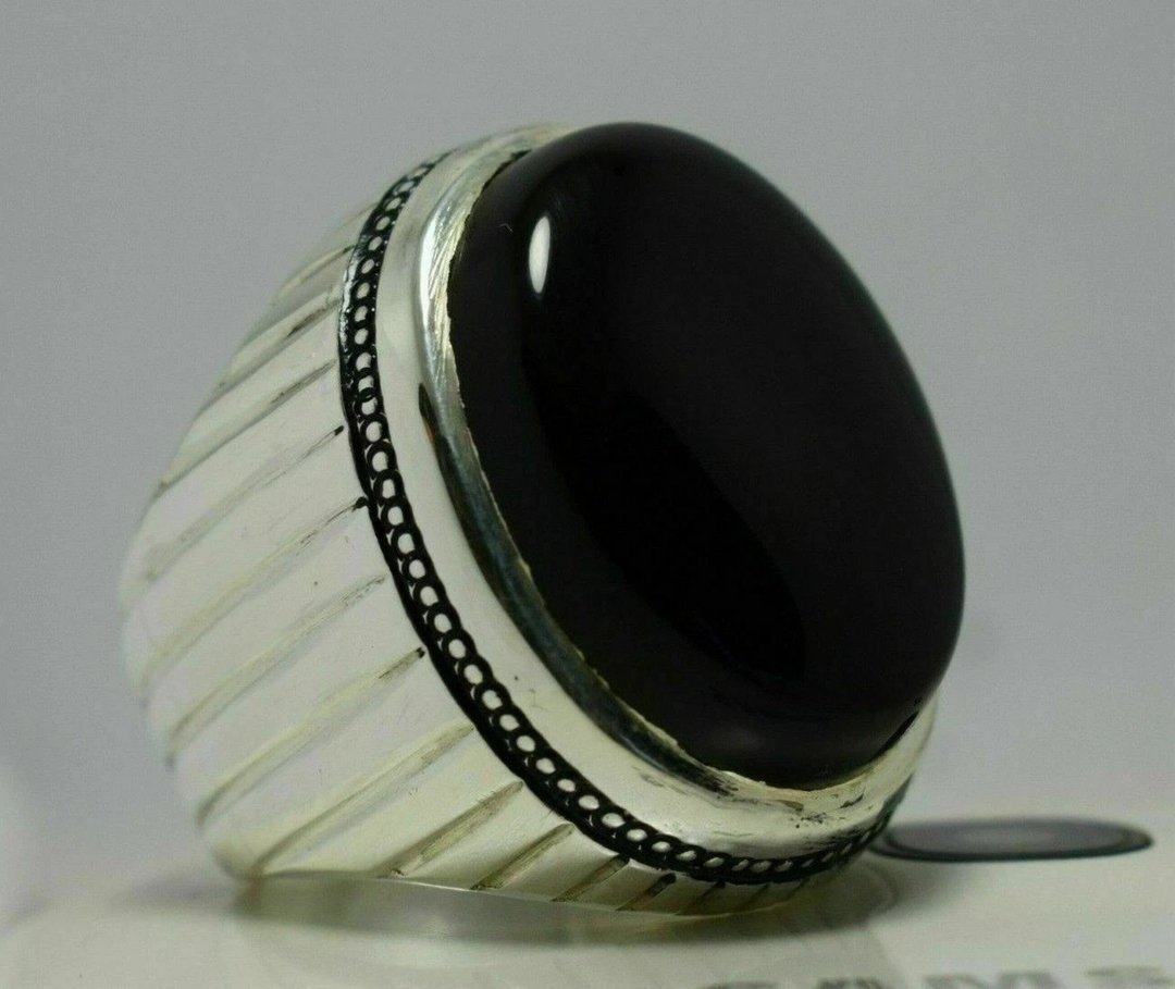 Black Blood Red Yemeni Aqeeq Ring Mens Handmade Silver Ring Real Gemstone Rings - 戒指 - 宝石 黑色
