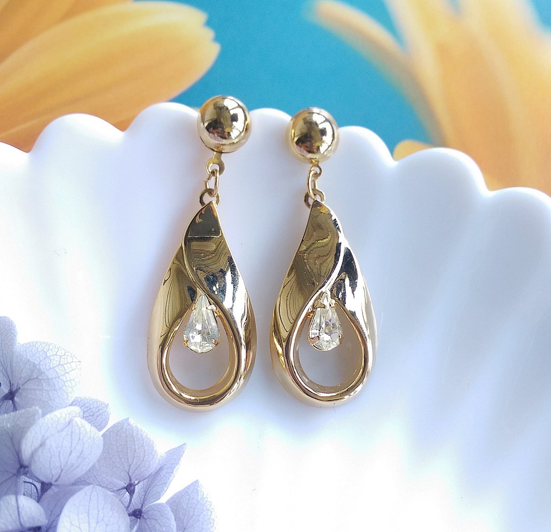 Vintage Jewelry 西洋古董饰品 金色调 复古优雅 针式耳环 - 耳环/耳夹 - 其他金属 透明