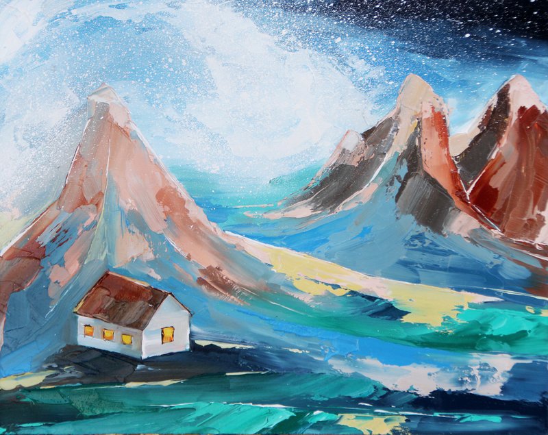 Smoky Mountains Painting Italy Original Art Night landscape Artwork Small Oi Art - 海报/装饰画/版画 - 其他材质 蓝色