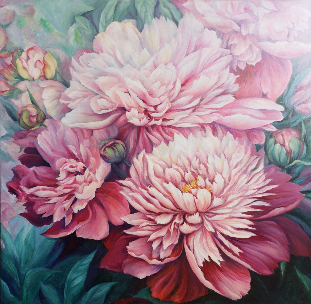 Peony Oil Painting Original Wall Art on Canvas 70x70cm - 海报/装饰画/版画 - 棉 