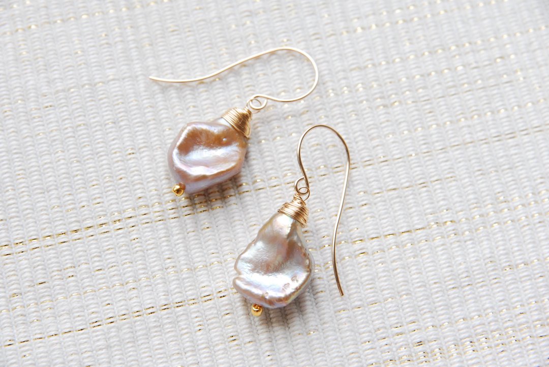 Mauve Pink Pearl Earrings no.1 14kgf - 耳环/耳夹 - 珍珠 紫色