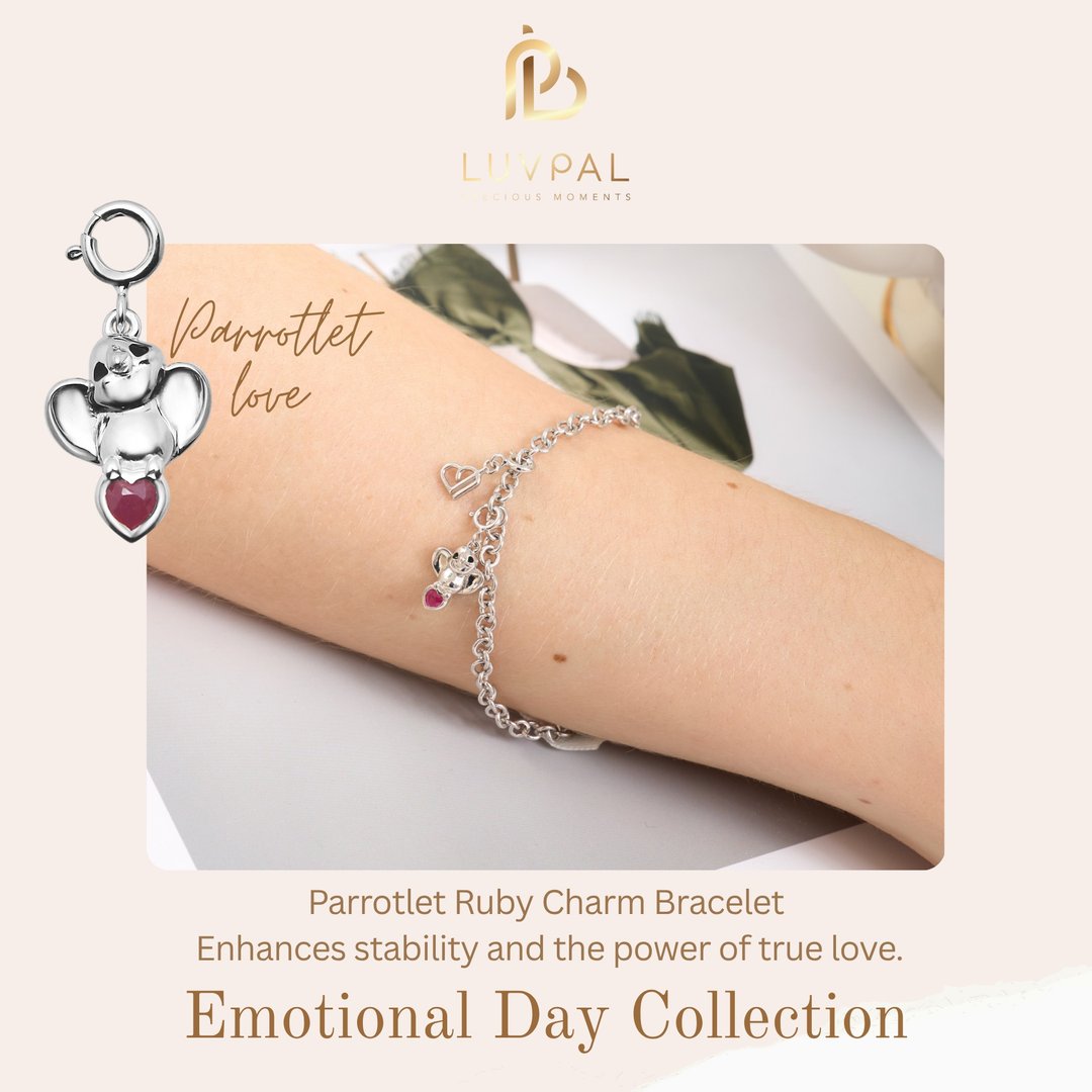 Luvpal | 925 纯银手链 - 鹦鹉吊饰 搭配 红宝石爱心 | Emotional Day - Love - 手链/手环 - 纯银 